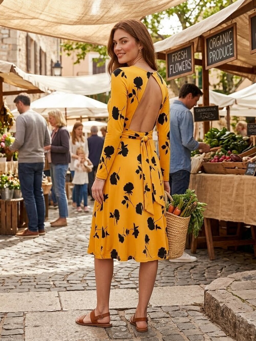 ASOS DESIGN Yellow Black Skater Dress Open Back with Wrap Belt: 4725